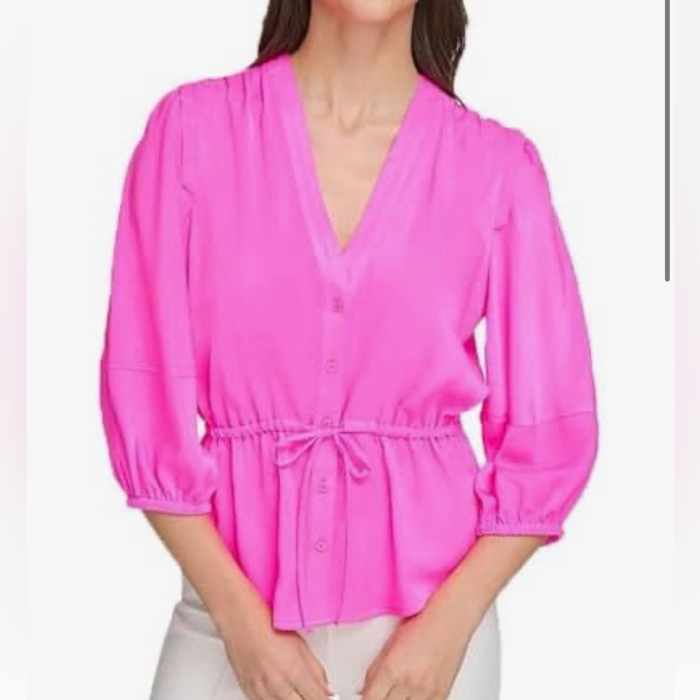 DKNY Womens Peplum Satin Button-Down Top